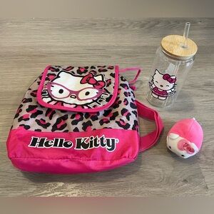 HELLO KITTY 4pc BUNDLE - Backpack, Toy, Cup with Straw and Christmas Stocking.